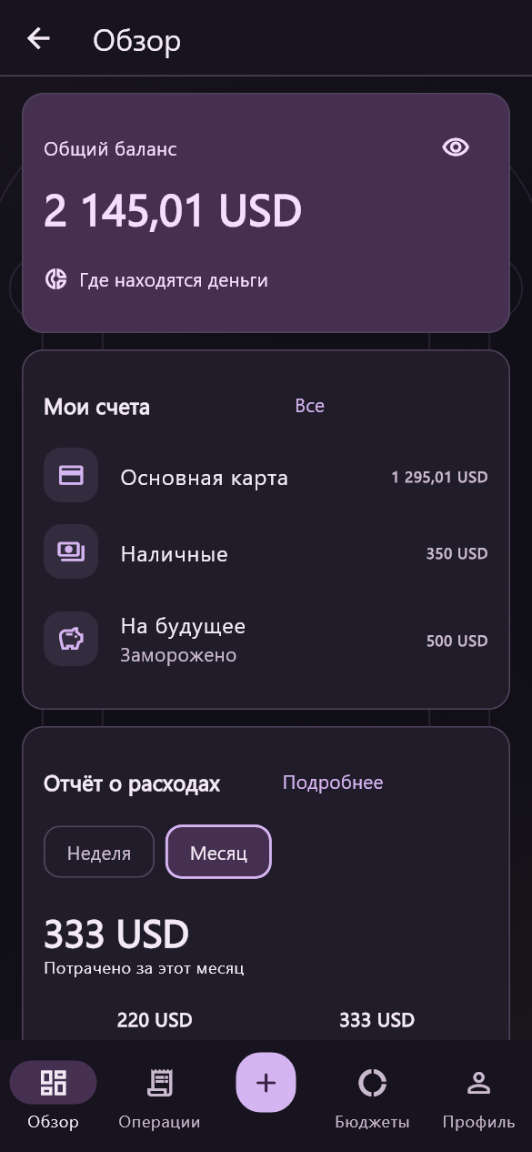 Favuto financial overview in the Gothic theme, showing sample balances, accounts and a spending report in Russian.